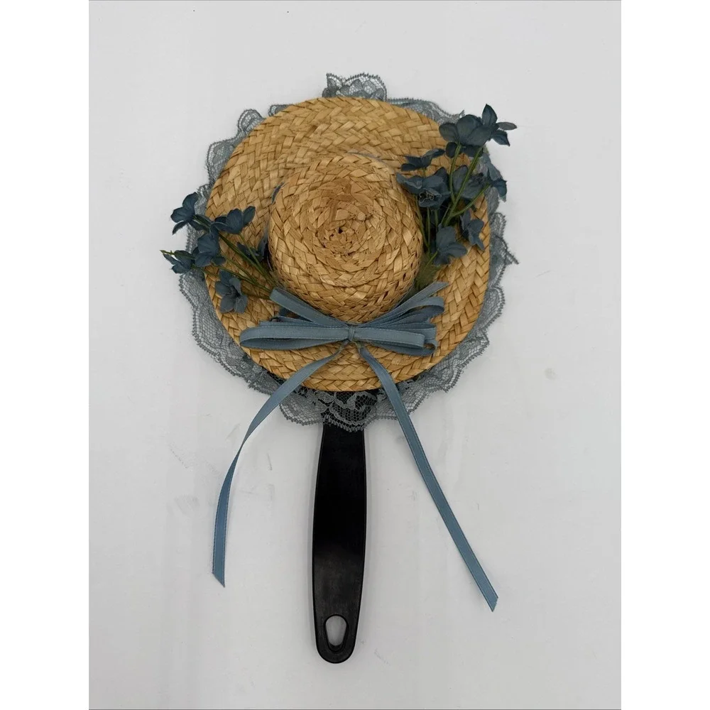 Vintage Cottagecore Straw Hat Floral Hand Mirror Country Girl Grandma Handmade‎